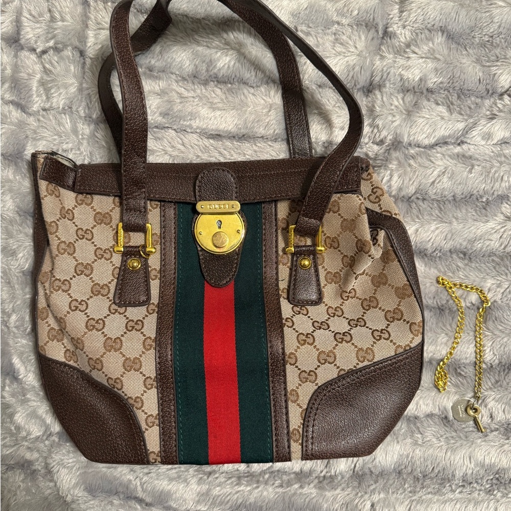 Gucci Brown and Tan Shoulder Bag with Signature GG Canvas